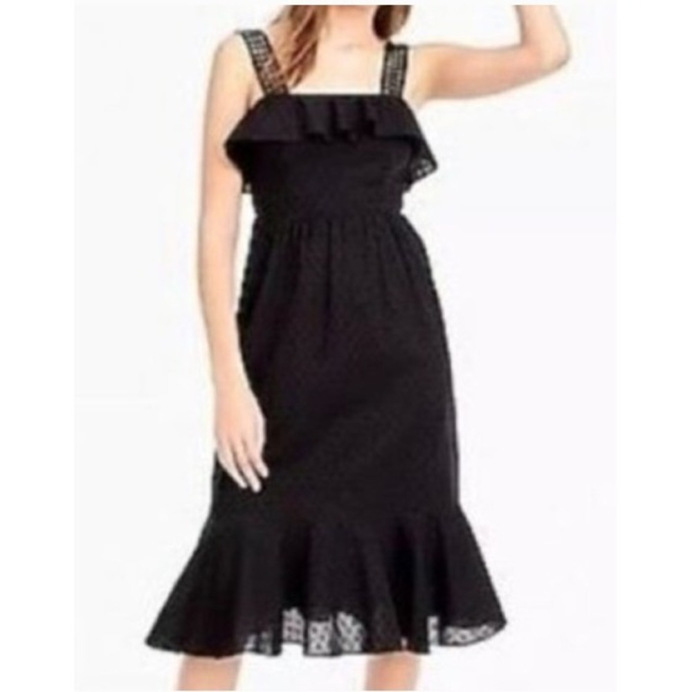 J.Crew Black Swiss Dot Ruffle Eyelet Straps Cotton Midi Dress Sz. 2 Cottage Core